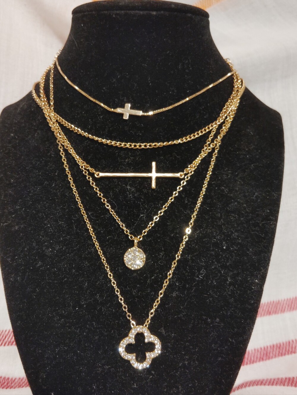 Gold Tone Necklace Bundle Of 4. Cross Necklace Clover Necklace Circle Necklace.